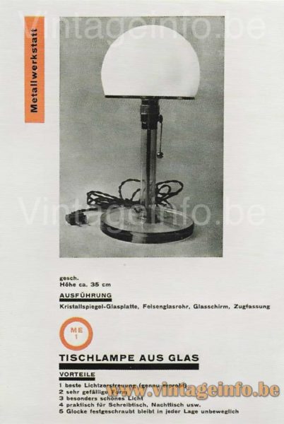 Wagenfeld Bauhaus table lamp model ME1 1925 advertisement design: Herbert Bayer 1925