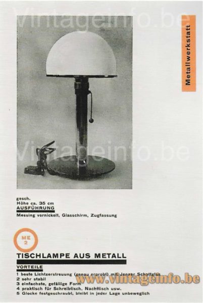 Wagenfeld Bauhaus table lamp model ME2 1925 advertisement design: Herbert Bayer 1925