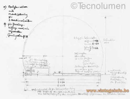 Wagenfeld Bauhaus table lamp - Wilhelm Wagenfeld scetch/drawing for the opal glass lampshade 