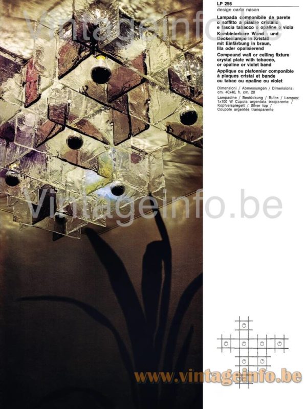 AV Mazzega Ghiaccio ceiling lamp or wall lamp model LP 256 clear & brown tobacco & purple 1970s catalogue picture design: Carlo Nason Murano