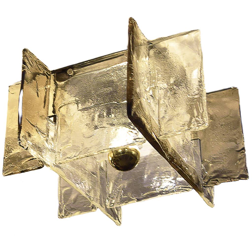 AV Mazzega Ghiaccio ceiling lamp model LP 256 square stacked elongated clear & brown ice glass plates lampshade 1970s design: Carlo Nason