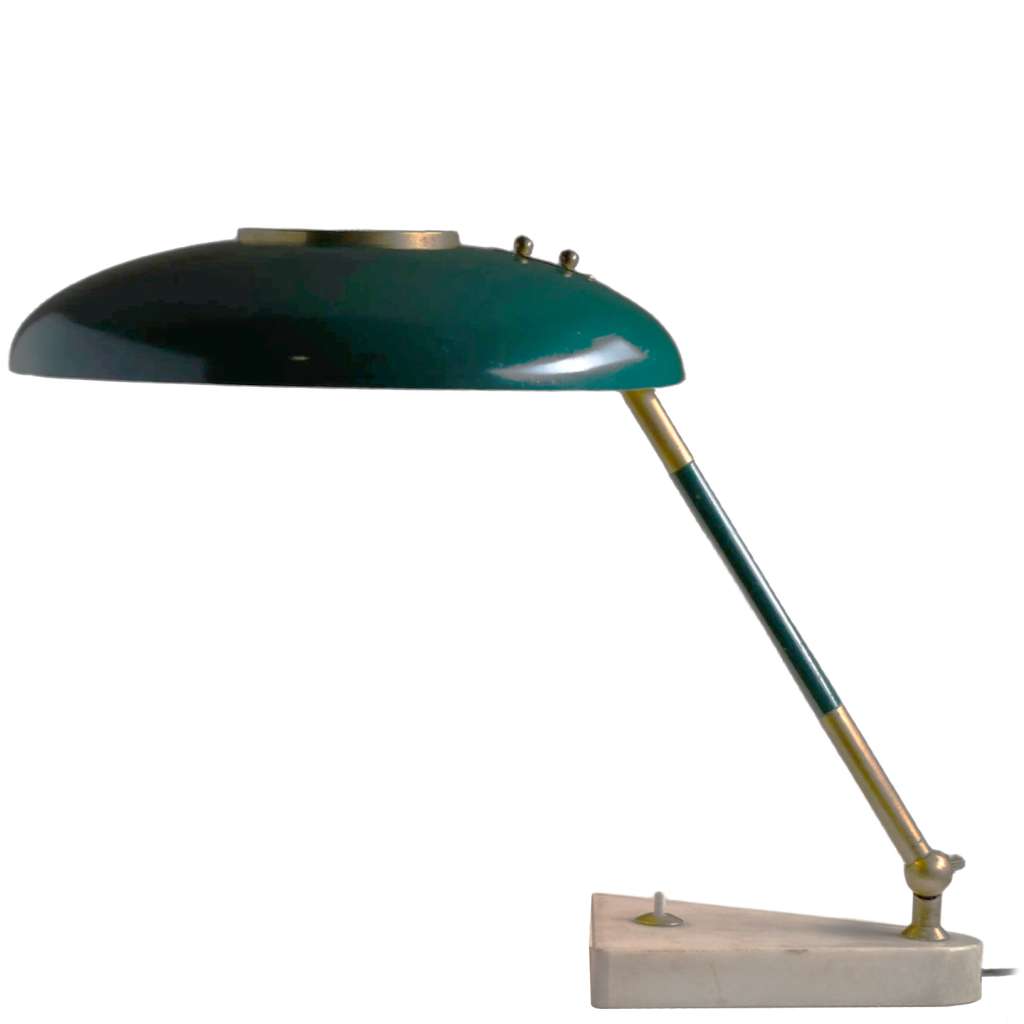 Adjustable 1950s Stilux desk lamp triangular marble base brass rod & parts green aluminium lampshade round grid on top 1960s Milan Italy