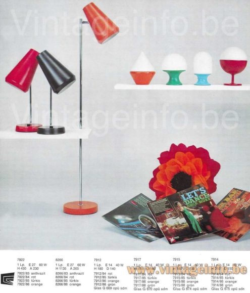 Cosack cone table lamp 1968-1969 catalogue picture models: 7922 desk lamp, 8266 floor lamp, 7912 7917, 7915, 7914 bedside table lamps