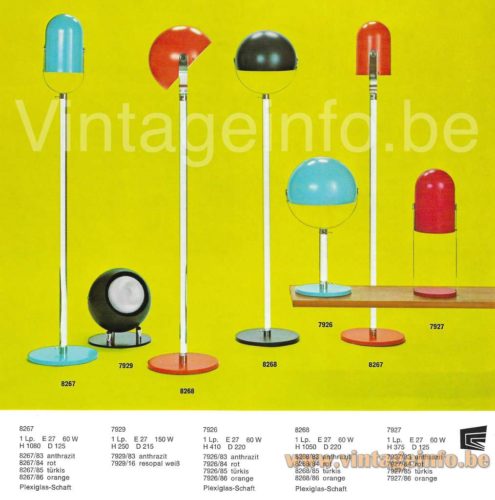 Cosack floor lamp 8267 1968 catalogue picture other models: 8268, 7926, 7927, 7929, 7920, several colours 1960s design Germany
