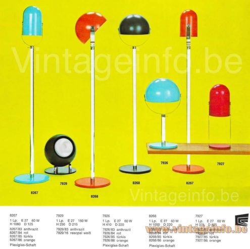 Cosack floor lamp 8268, 1968 catalogue picture, other models: 8267, 7926, 7927, 7929, 7920, several colours 1960s design Germany