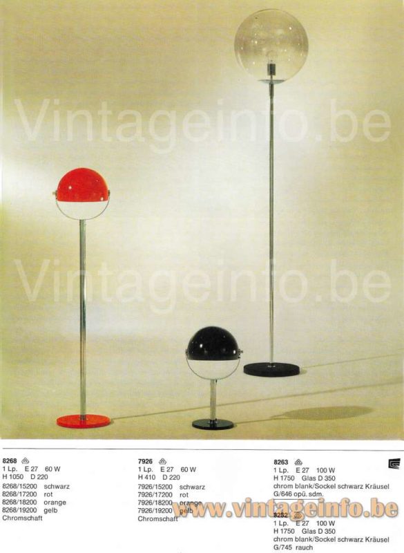 Cosack floor lamp 8268, 1970 catalogue picture red floor lamp, other models: black table lamp 7926, globe floor lamp 8263 & 8282, 1960s design