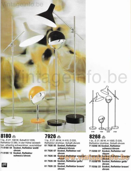 Cosack floor lamp 8268 1972 catalogue picture black floor lamp other models: orange table lamp 7926, floor lamp 8180 in white & black 