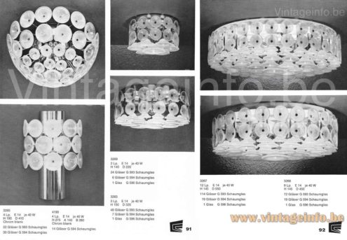 Cosack glass discs wall lamp 1968 & 1970 catalogue pictures ceiling lamps or flush mounts & wall lamp models 3265, 4190, 3269, 3263, 3266, 3267 & 2369