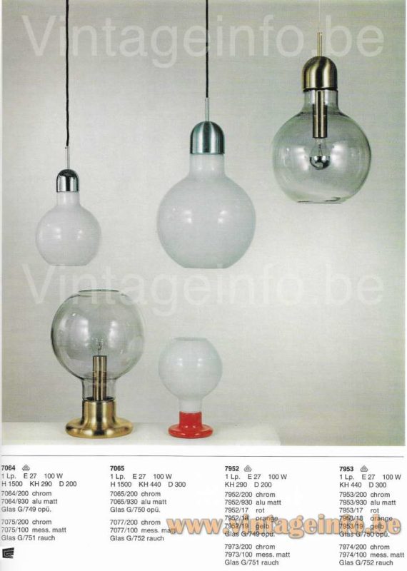 Cosack glass globe table lamp 7974 1970 catalogue picture models: 7064, 7065, 7952, 7953 pendant lamps different sizes & colours