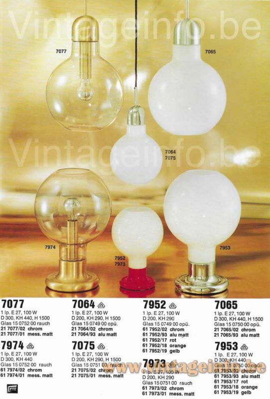 Cosack glass globe table lamp 7974 1972 catalogue picture models: 7077, 7974, 7064, 7075, 7952, 7973, 7065, 7953 pendant lamps several sizes