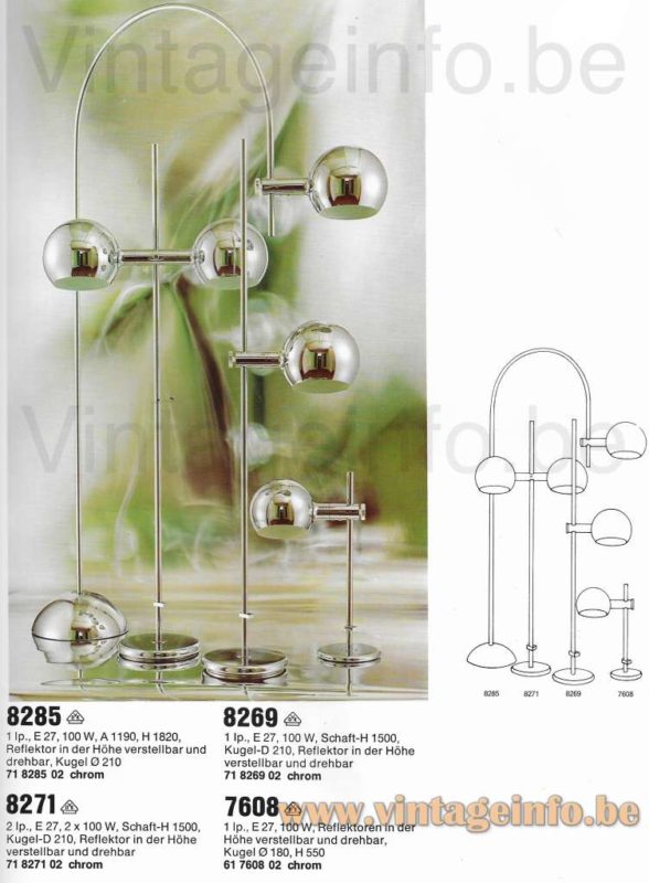 Cosack globes floor lamp 8271 1972 catalogue picture models: 8285, 8269, 8271, 7608