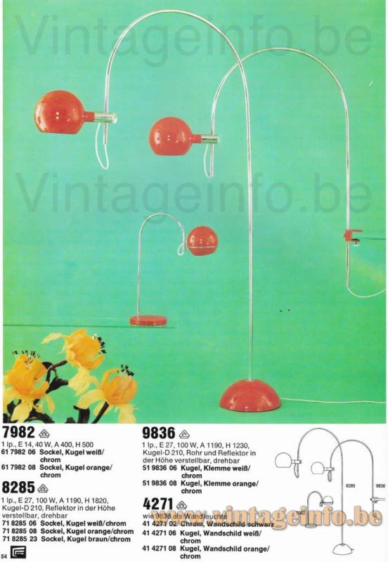 Cosack globes floor lamp 8271, 1972 catalogue picture models: 7982 arc table, 9836 arc wall + 4271