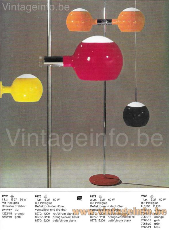 Cosack globes floor lamp 8272 1970 catalogue picture other models: 4262 wall lamp, 8270 single globe floor lamp 7063 pendant lamp