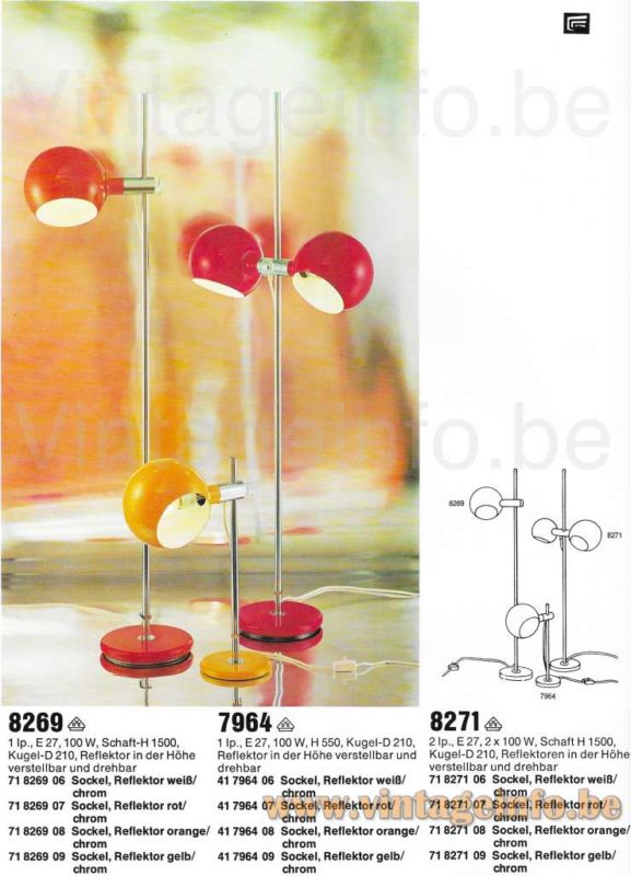 Cosack globes floor lamp 8272, 1972 catalogue picture models: 8269, 7964, 8271 floor lamps & table lamp