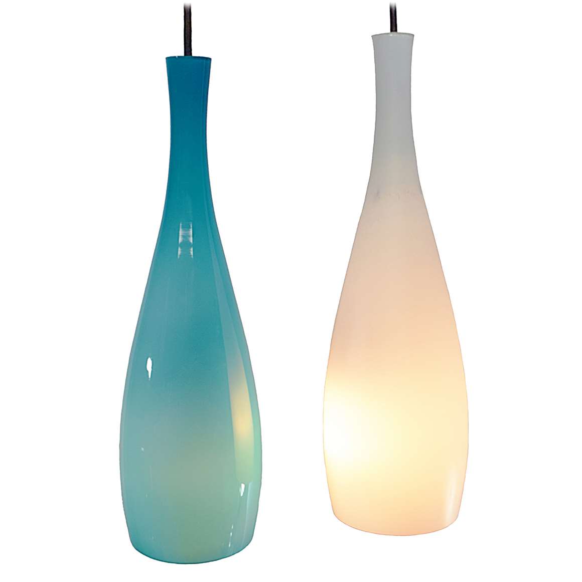 Fog & Mørup Bang pendant lamp long white & turquoise glass tubular convex lampshades pair 1960s design: Jacob Eiler Bang, Denmark