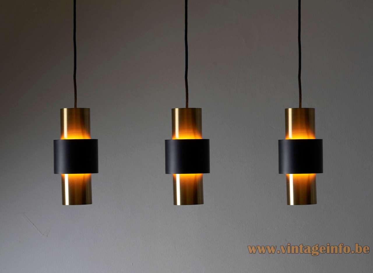 Fog & Mørup Etna Pendant Lamp - 1960s Design: Jo Hammerborg, Denmark - 3 Pendant Lamps Fog & Mørup Etna pendant lamps 3 hanging lights brass tubular lampshade 3 parts black middle ring 1960s design: Jo Hammerborg Denmark 1970s