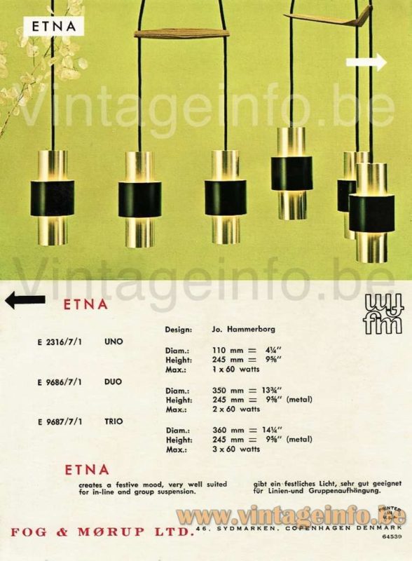 Fog & Mørup Etna pendant lamp 1960s catalogue picture 3 models: Uno, Duo, Trio design: Jo Hammerborg, Denmark