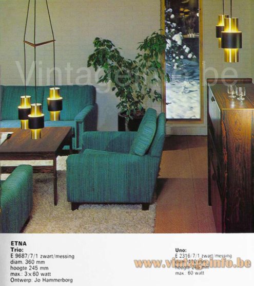 Fog & Mørup Etna pendant lamp 1960s catalogue picture 3 hanging lights: Trio E9687/7/1 & Uno: E2316/7/1 max 60 watt design: Jo Hammerborg