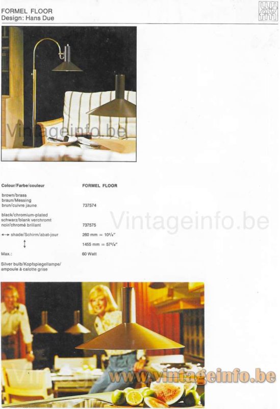 Fog & Mørup Formel floor lamp chrome & black model: 737575, brass & brown model: 737574 1970s catalogue picture 1970s design: Hans Due Denmark 