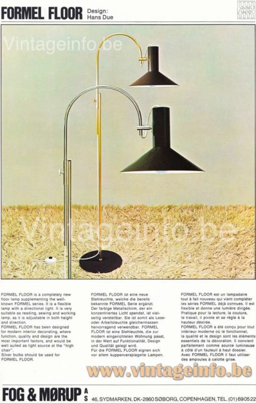 Fog & Mørup Formel floor lamp chrome & black, brass & brown version 1970s catalogue picture 1970s design: Hans Due Denmark 