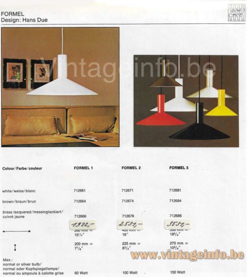 Fog & Mørup Formel floor lamp pendant lamps 3 sizes white brown red yellow black silver catalogue picture 1970s design: Hans Due Denmark 