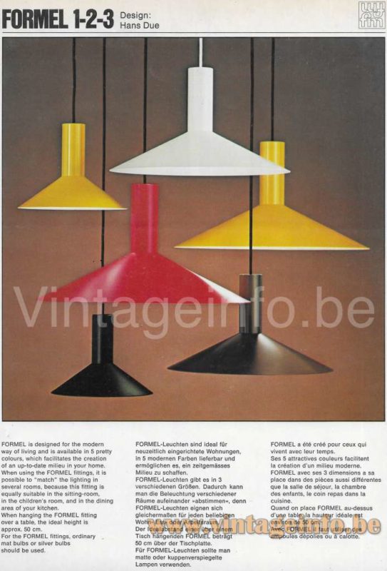 Fog & Mørup Formel floor lamp pendant lamps models: 1-2-3 several sizes and colours catalogue picture 1970s design: Hans Due Denmark 