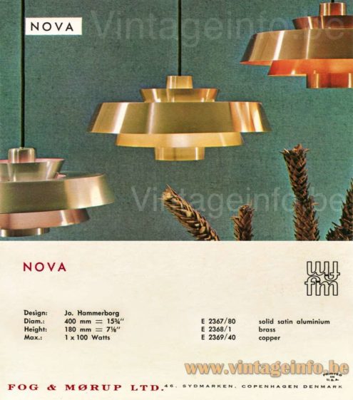 Fog & Mørup Nova pendant lamp 1960s catalogue picture models: copper, brass + solid satin aluminium design: Jo Hammerborg Denmark English catalogue