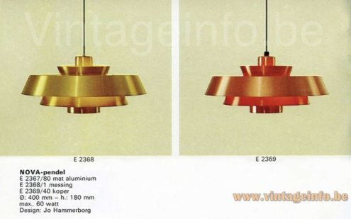 Fog & Mørup Nova pendant lamp 1970s catalogue picture models: copper E 2369, brass E 2368, matte aluminium E 2367 Dutch catalogue