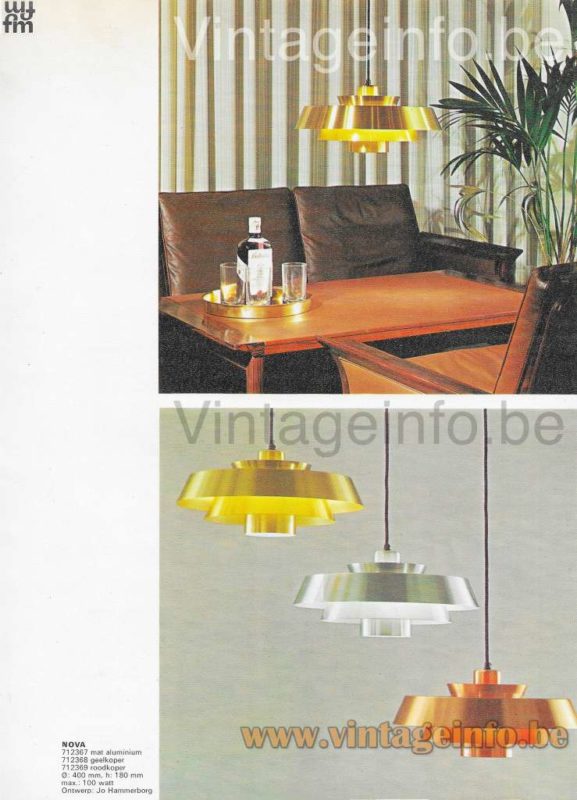 Fog & Mørup Nova pendant lamp 1970s catalogue picture models: copper, brass + matte aluminium design: Jo Hammerborg Denmark Belgian Catalogue