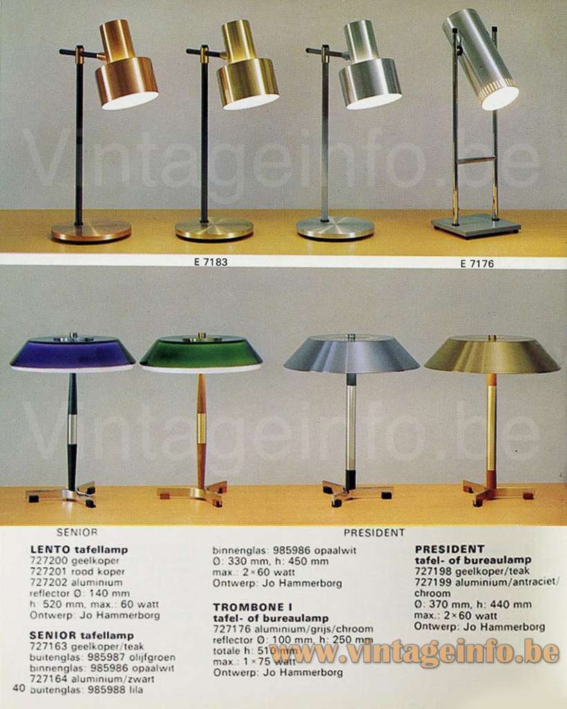 Fog & Mørup President desk lamp 1968 catalogue picture + Senior, Trombone & Lento models design: Jo Hammerborg