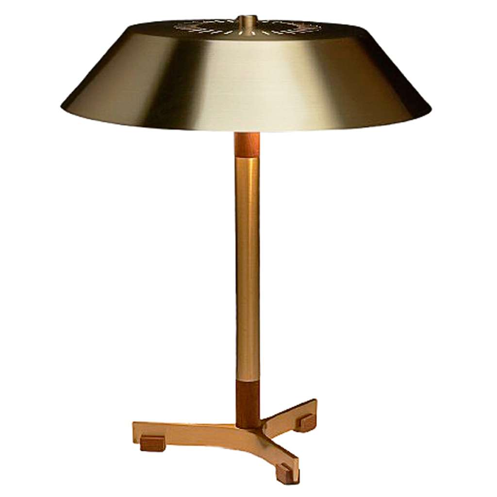 Fog & Mørup President desk lamp tripod base teak & brass rod mushroom lampshade elongated slits 1960s design: Jo Hammerborg Denmark