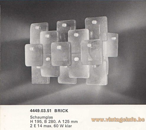 Kalmar Schuppen wall lamp 1970s catalogue picture design: Carlo Nason model Brick: 4449.03.51 2 E14 Bulbs max 60 watt clear