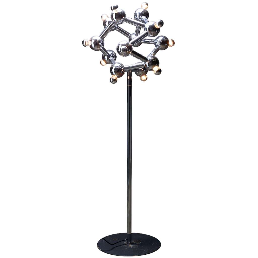 Kalmar Sirius floor lamp flat round metal base chrome rod & Sputnik lampshade model:2172.01.99 SIRIUS 12 K light bulbs 1970s design Austria