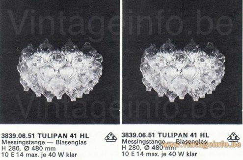 Kalmar Tulipan ceiling lamp 1970s catalogue picture models: 3839.06.51 & 3839.06.51 Tulipan 41 HL, design: Carlo Nason