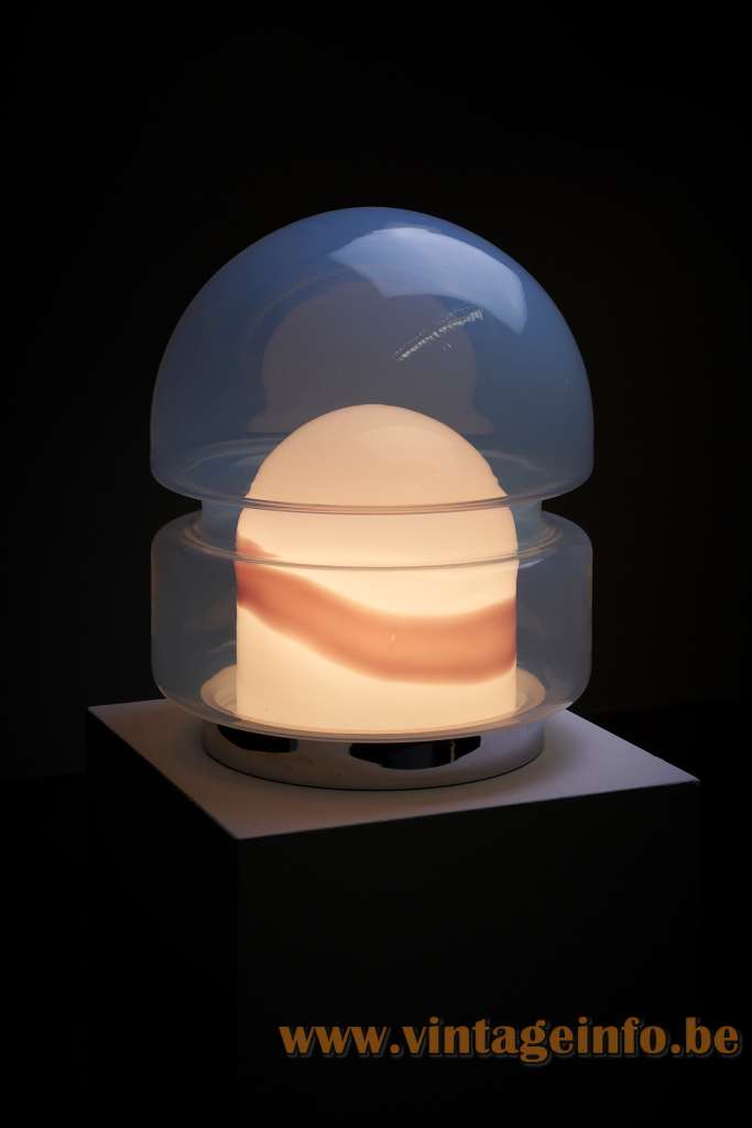 Lamperti Beba Table Lamp - 1970s Design: Ernesto Radaelli, Model 9521 Lamperti Beba table lamp misty glass dome double lampshade orange striped opal glass diffusser inside model 9521
