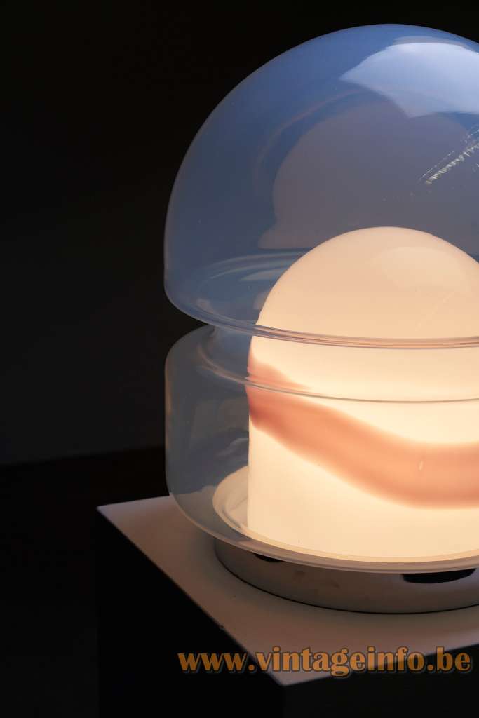 Lamperti Beba Table Lamp - 1970s Design: Ernesto Radaelli, Model 9521 Lamperti Beba table lamp blue misty glass lampshade orange striped opal glass diffusser inside chrome-plated metal base