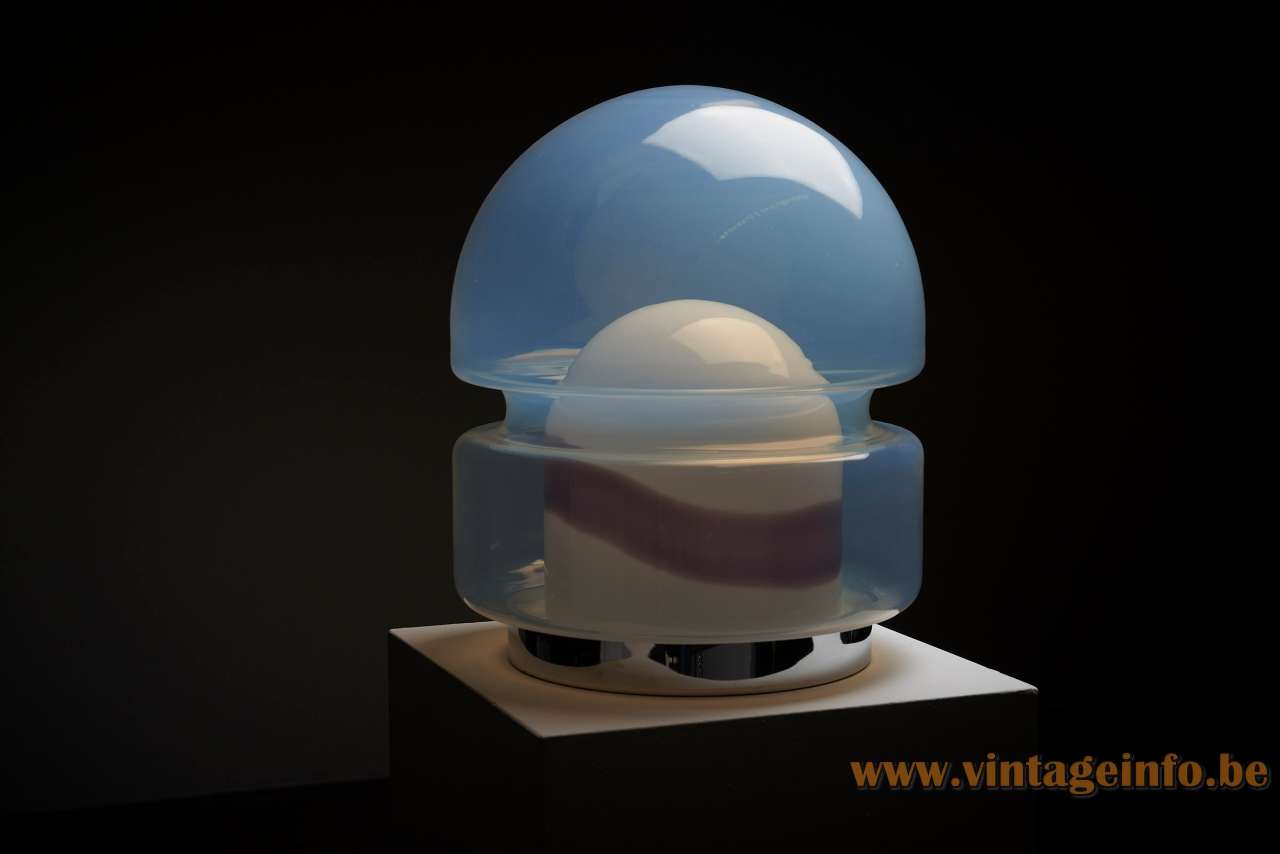 Lamperti Beba Table Lamp - 1970s Design: Ernesto Radaelli, Model 9521 Lamperti Beba table lamp blue misty glass lampshade not unlighted purple striped opal glass diffusser inside