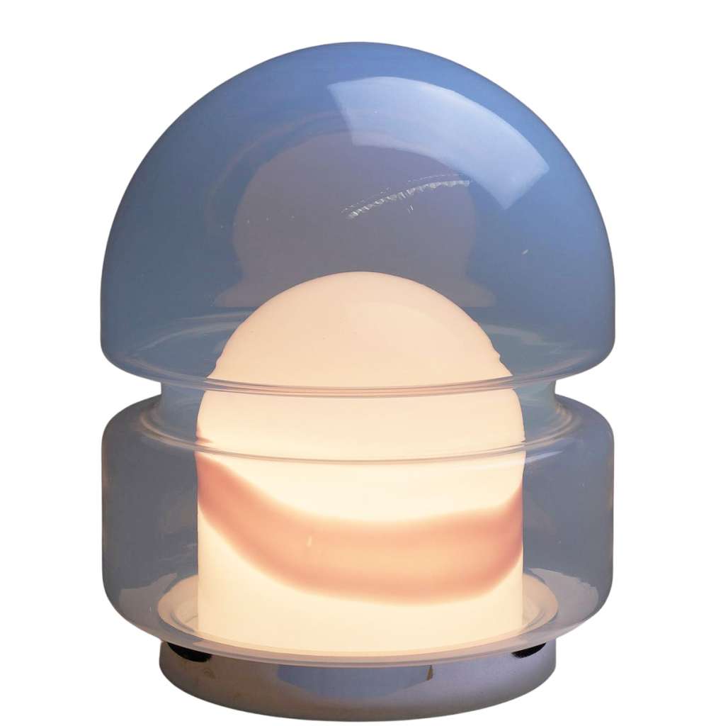 Lamperti Beba table lamp round metal base misty glass dome lampshade second inside 1970s design: Ernesto Radaelli model 9521