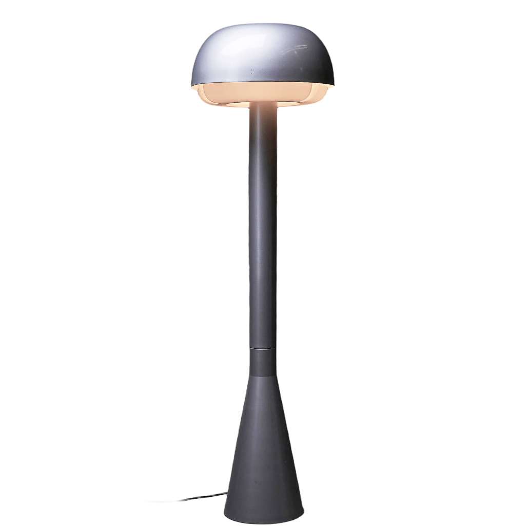 Metalarte floor lamp 3821 silver painted conical metal base thick stem mushroom lampshade white acrylic diffuser 1970s design: Enrique Franch