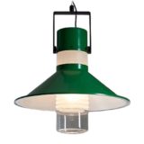 Metalarte pendant lamp 2916 industrial style green metal & glass lampshade black handle 1970s design: Enrique Franch Spain