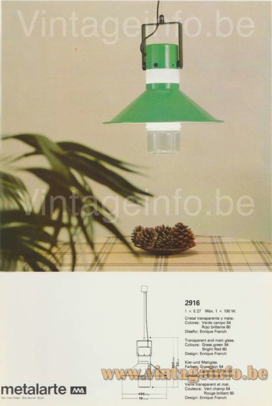 Metalarte pendant lamp 2916 1973 catalogue picture design: Enric (Enrique) Franch Miret E27 socket max 100 watt + dimensions