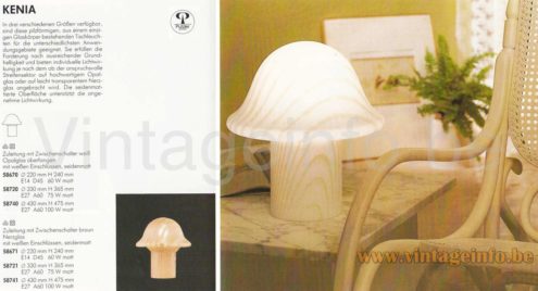 Peill+Putzler Kenia table iamp 1988-1990 catalogue picture models: 58670, 58720, 58740, 58671, 58721, 58741 3 sizes white & brown glass