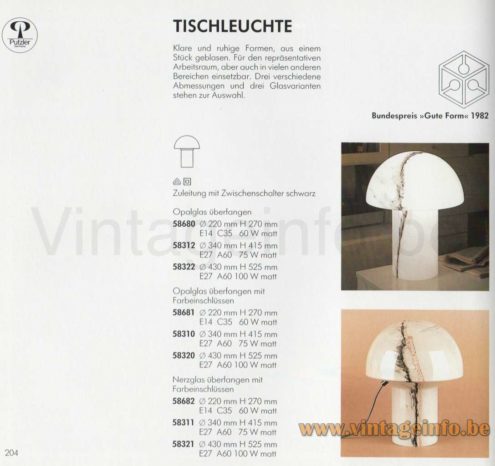 Peill+Putzler Lido table lamp 1988 catalogue picture 3 sizes + complete white 