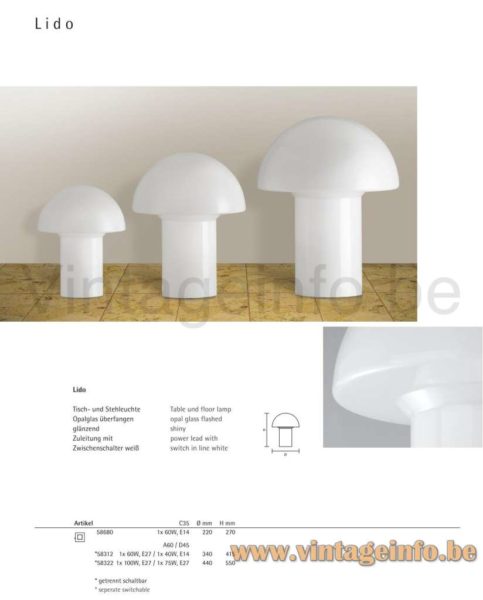 Peill+Putzler Lido table lamp 2009 catalogue picture complete white versions 3 sizes