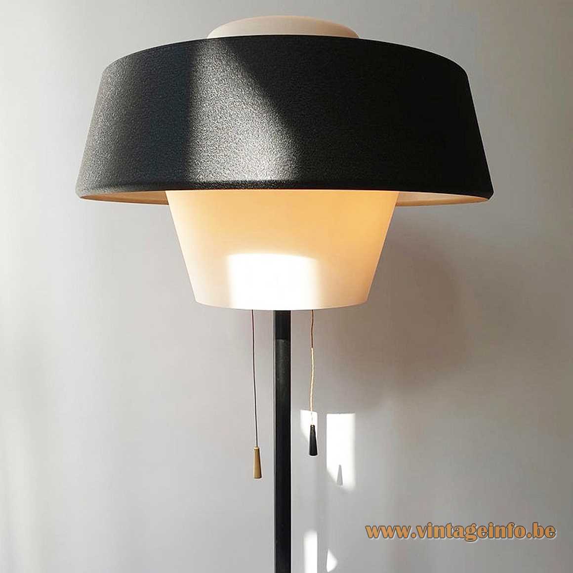 Philips Monaco Floor Lamp - 1950s, 1960s, NX 109, G.W. 2000 Philips Monaco floor lamp white opal glass diffuser black metal lampshade 2 pull cord switches 1950s 1960s