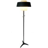 Philips Monaco floor lamp black tripod base opal glass diffuser metal lampshade 1950s 1960s pull cord switches