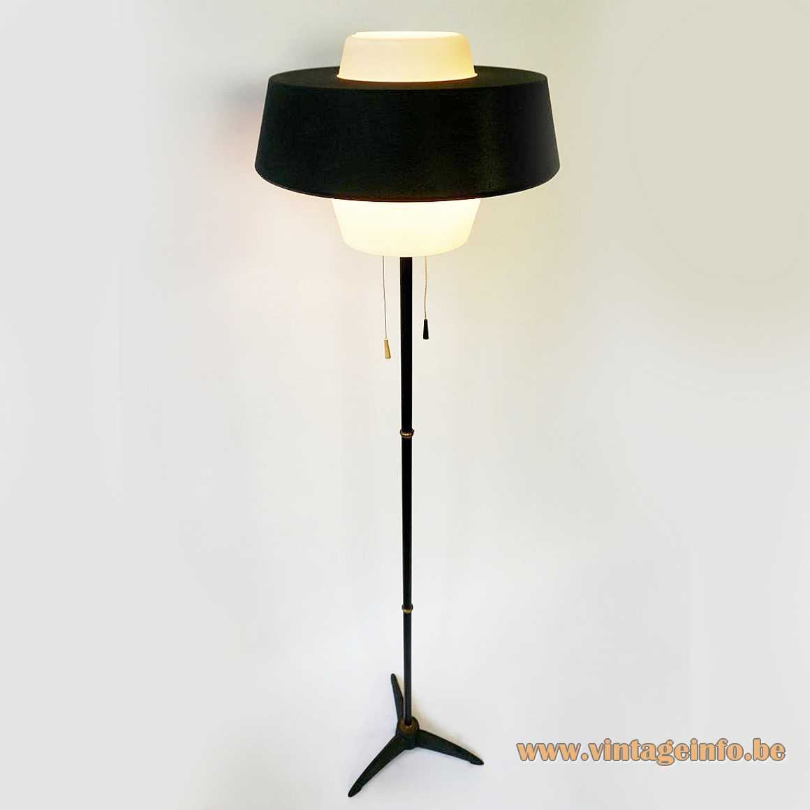Philips Monaco Floor Lamp - 1950s, 1960s, NX 109, G.W. 2000 Philips Monaco floor lamp black tripod base opal glass diffuser metal lampshade 1950s 1960s pull cord switches