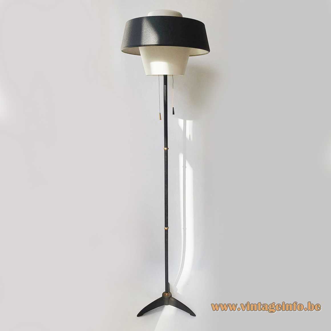 Philips Monaco Floor Lamp - 1950s, 1960s, NX 109, G.W. 2000 Philips Monaco floor lamp black tripod base opal glass diffuser metal lampshade 1950s 1960s pull cord switches