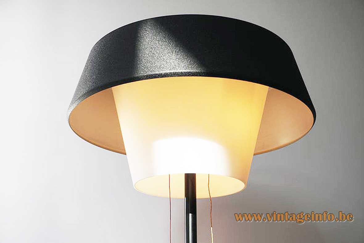 Philips Monaco Floor Lamp - 1950s, 1960s, NX 109, G.W. 2000 - Lampshade Philips Monaco floor lamp white opal glass diffuser black metal lampshade 2 pull cord switches 1950s 1960s