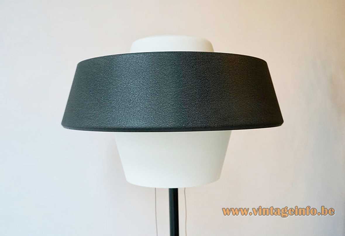 Philips Monaco Floor Lamp - 1950s, 1960s, NX 109, G.W. 2000 - Lampshade Philips Monaco floor lamp white opal glass diffuser black metal lampshade 2 pull cord switches 1950s 1960s